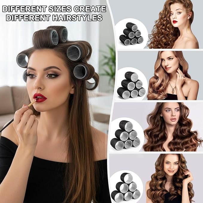 4 Sizes Hair Rollers for Women Set - 50 Pcs Hair Curler Rollers with Clips, Self Grip Hair Rollers for Long, Short Hair and Bangs, 25mm, 36mm, 48mm, 60mm, Black