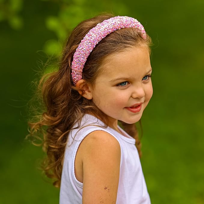 FROG SAC Sequin Headband for Girls, Sparkly Puffy Hair Band for Kids, Padded Toddler Head Bands, Sparkle Girl Hair Accessories (Pink, Child)