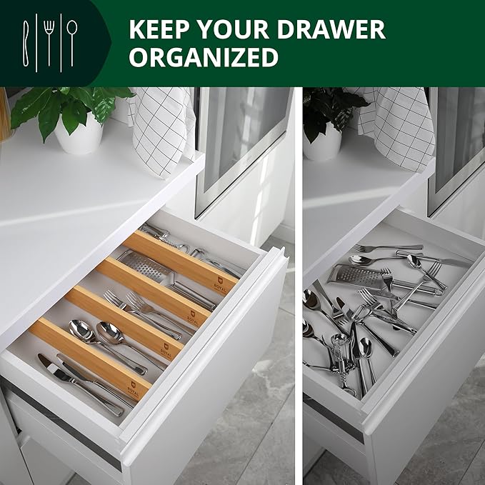 ROYAL CRAFT WOOD Adjustable Bamboo Drawer Dividers Organizers (17-21.5") with Inserts - Expandable Drawer Organization Separators for Kitchen Utensils, Clothes, 4-Pack