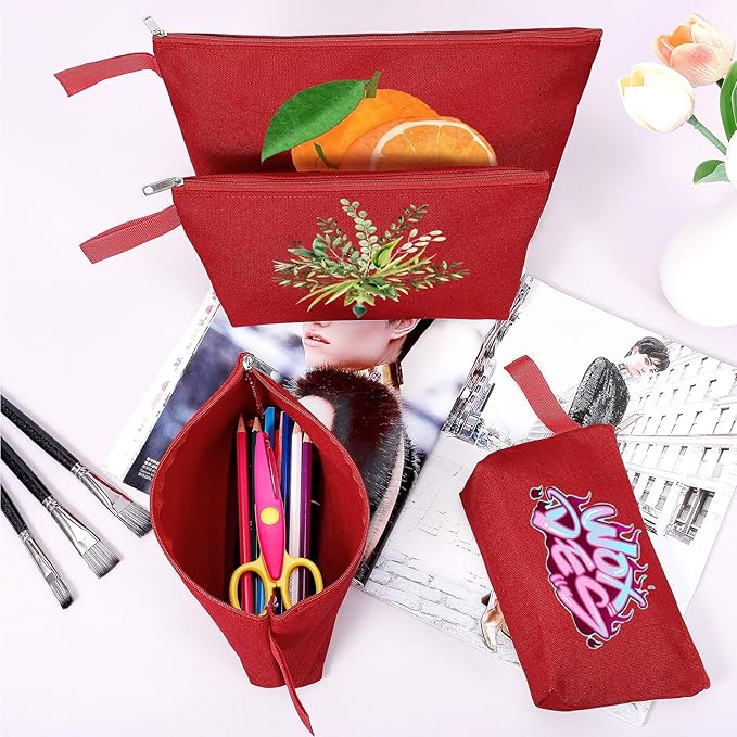 10 Pieces Cotton Canvas Makeup Bag with Bottom and Strap, Multi-Purpose Cosmetic Bag with Zipper Travel Toiletry Pouch, Blank DIY Craft Bag (Red, XS)