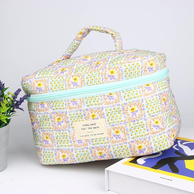 VIWIME Makeup Cosmetic Bag, Large Cotton Quilted Travel Coquette Aesthetic Cute Floral Make up Bag for Women Toiletry Bag Organizer (107- Grid / 2Pcs)
