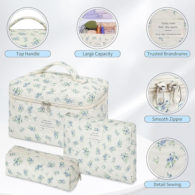senbowe Floral Makeup Bag, 3 Pack Large Cotton Quilted Makeup Bag Set, Cute Floral Coquette Aesthetic Toiletry Bag Make Up Cosmetic Bag for Women, Toiletry Travel Make Up Organizer Bag