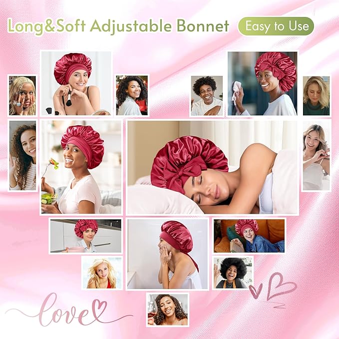 BONNET QUEEN Satin Bonnet Silk Bonnet for Sleeping Women Hair Bonnet Night Sleep Cap Scarf Wrap for Curly Hair with Tie Band Red Burgundy
