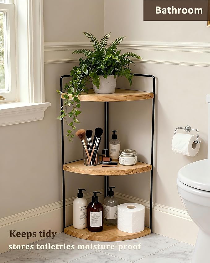 3-Tier Bathroom Corner Counter Organizer, Solid Wood Countertop Organizer, 3-Coat Waterproof Paint & Sturdy Metal Frames | Space-Saving Vanity Storage for Toiletries/Cosmetics (Natural)