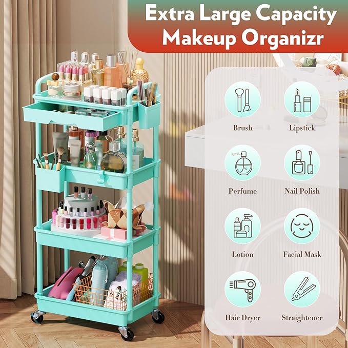 Makeup Cart Organizer with Drawers, 4 Tier Floor Skincare Organizers for Vanity, Rolling Makeup Bathroom Storage Cart Cosmetics Display Cases for Skin Care Perfume Nail Polish, Blue