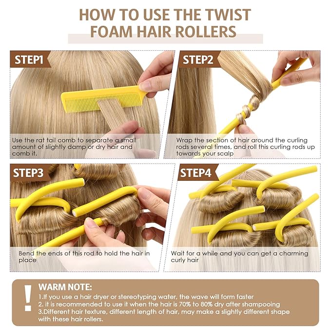 Syhood 30 Pcs Flexible Curling Rods 9.45 Twist Foam Rollers Soft Foam No Heat Hair Rods Rollers and 1 Steel Pintail Comb Rat Tail Comb for Women Long Short Hair(Yellow,9.45 x 0.39 Inch)