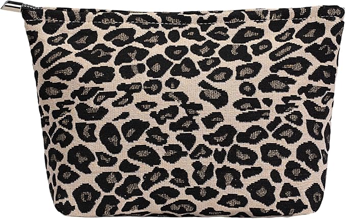 Brown Leopard Canvas Makeup Bag Organizer for Women & Girls - Large Capacity Travel Toiletry Pouch | Purse Organizer Cosmetic Zipper Bag