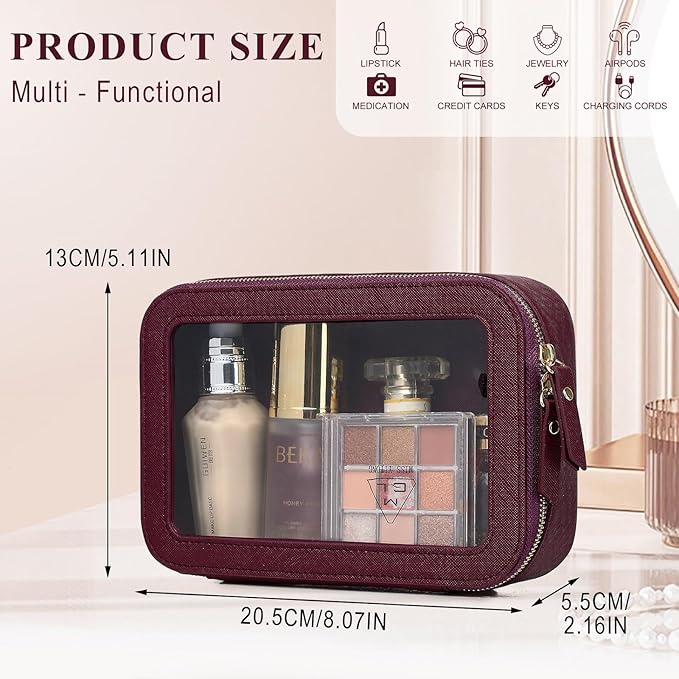 Clear Makeup Bag Small Cosmetic & Toiletry Bag Waterproof Travel Case Women's Pouch Organizer Makeup Bag for Car with Zipper (Burgundy, Small-1)