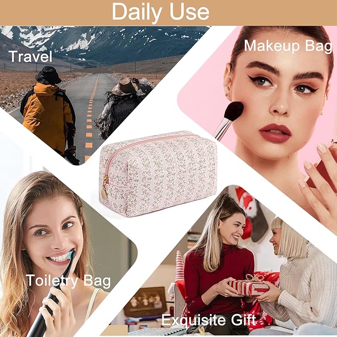 Makeup Bag Travel Cosmetic Bag for Women Girls, Zipper Make Up Pouch, Floral Flowers Toiletry Organizer Makeup, Portable Storage Cosmetic Travel Cloth Bag (2 Pack (L+S)/Pink Floral)