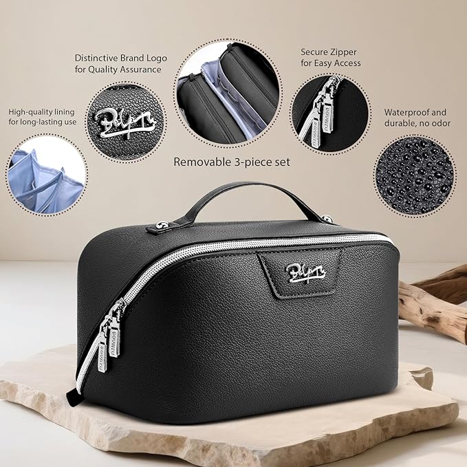 BOYATU Travel Makeup Bag Cosmetic Bags for Women: Large Capacity 3 Pcs Set Make up Bag with Compartments - Waterproof Vegan Leather Toiletry Organizer Bags with Handle (N-67Black)