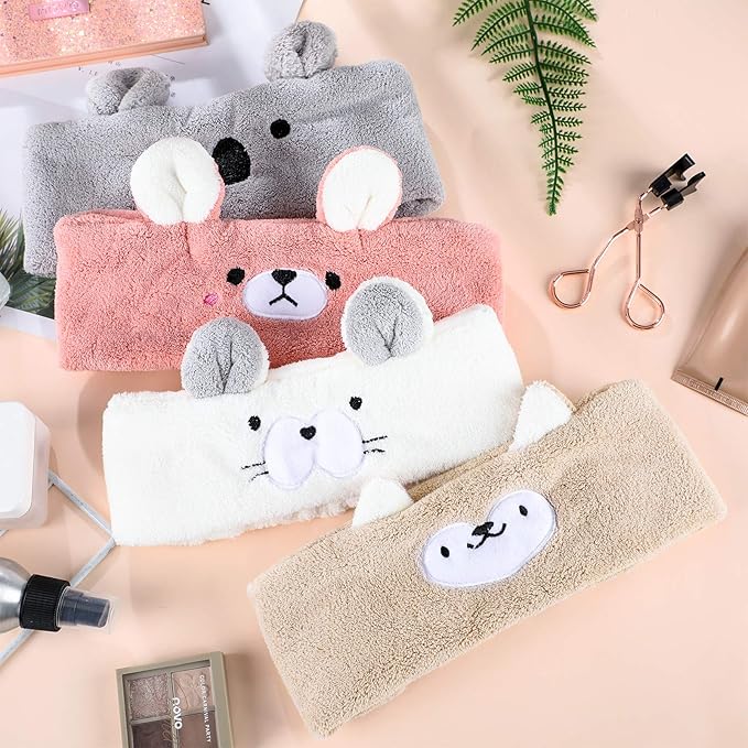 Chuangdi 4 Pieces Animal Hair Bands Face Wash Headband Spa Animal Ears for Skincare Makeup Spa Headband Washing Face Coral Fleece Plush Hairband for Women Girls(Adorable Style,Cute Colors)