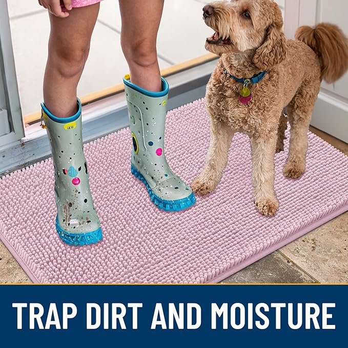 Smiry Dog Door Mat for Muddy Paws 48x30, Absorbs Moisture and Dirt Doormat, Non-Slip Washable Quick Dry Chenille Front Door Mat Indoor Entrance, Entryway Carpet for Inside Floor, Dusty Rose