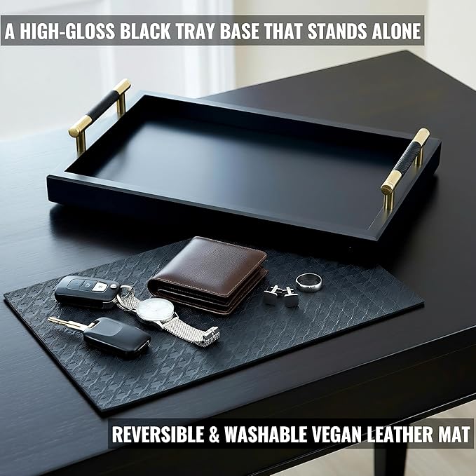 Bamboo Vanity Tray for Dresser - 13.4" Black Gold Catchall Organizer for Cologne, Perfume, Cosmetics, Jewelry, Candle, Watch, Key - Decorative Valet Tray for Living room, Bathroom, Bedroom, Countertop