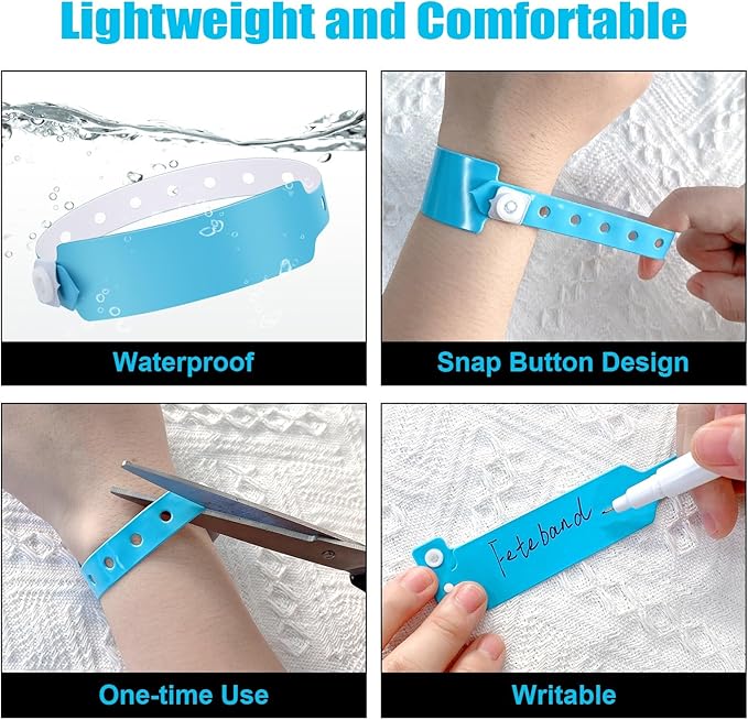 100pcs Colored Vinyl Wristbands, Waterproof & Security Wrist Bands for Events, Pool Parties & Outdoor Sports (Water Blue)