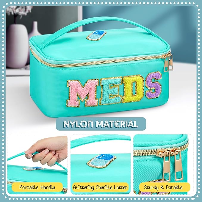 Geetery Clear Makeup Bag Chenille Letter Meds Bag Travel Cases Preppy Patch with Zipper, Portable Cosmetic Toiletry Storage case for Women(Meds,Green)