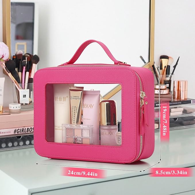 Clear Travel Makeup Bag with Brush Bag Portable Transparent Cosmetic Bag and Toiletry Bag Waterproof Clear Makeup Bag with Zipper Car Bag for Women (Fuxia, L+Slim)
