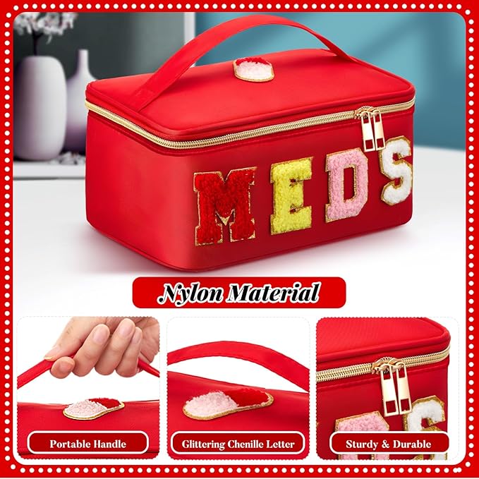 Geetery Clear Makeup Bag Chenille Letter Meds Bag Travel Cases Preppy Patch with Zipper, Portable Cosmetic Toiletry Storage case for Women(Meds,Red)