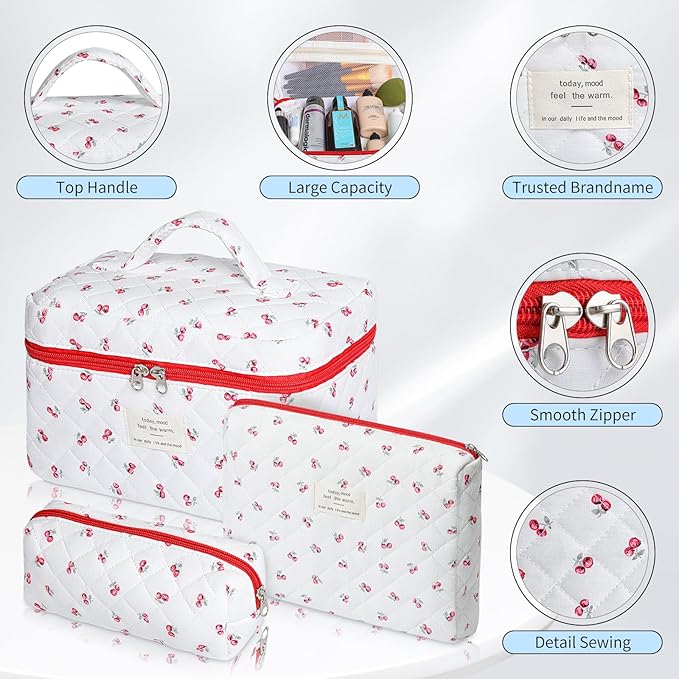senbowe Floral Makeup Bag, 3 Pack Large Cotton Quilted Makeup Bag Set, Cute Floral Coquette Aesthetic Toiletry Bag Make Up Cosmetic Bag for Women, Toiletry Travel Make Up Organizer Bag