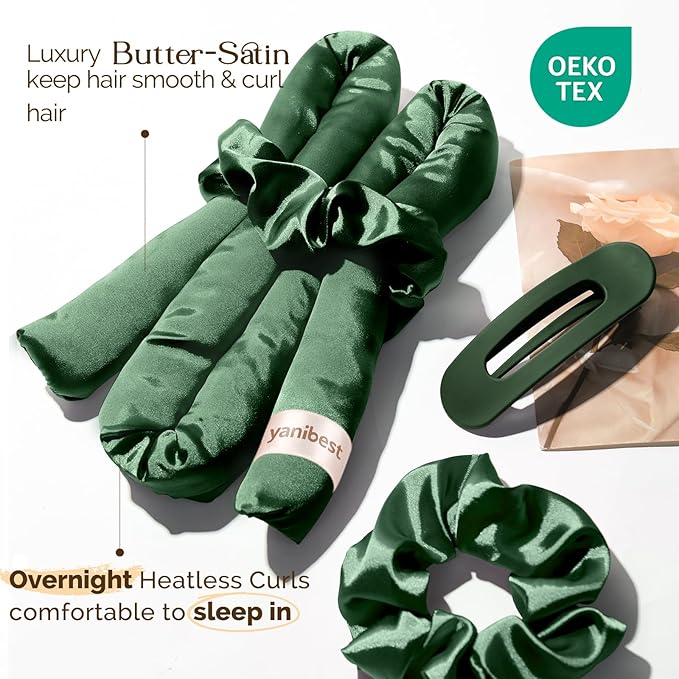 Yanibest Satin Heatless Curler Set, Overnight Hair Curler to Sleep in, No Heat Heatless Curl with Scrunchies and Clip，Green