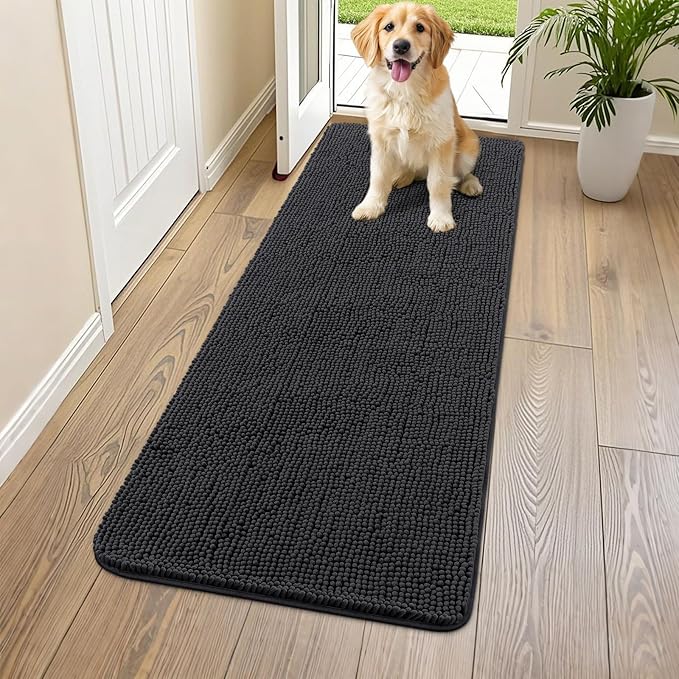 Smiry Dog Door Mat for Muddy Paws 54x24, Absorbs Moisture and Dirt Doormat, Non-Slip Washable Quick Dry Chenille Front Door Mat Indoor Entrance, Entryway Carpet for Inside Floor, Black