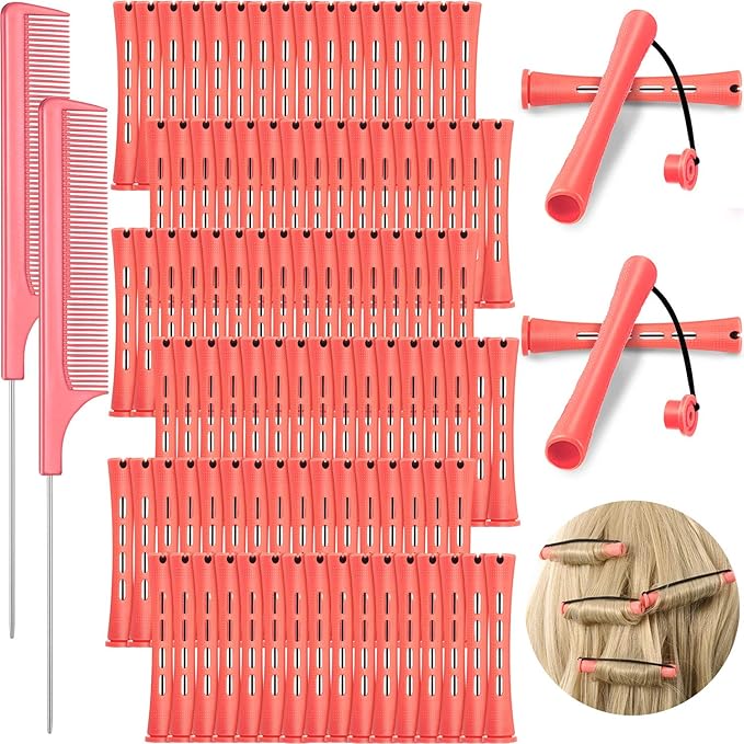 WILLBOND 96 Pcs Hair Perm Rods Plastic Cold Wave Perming Rod for Short Long Hair Curlers Heatless Roller with 2 Steel Pintail Rat Tail Comb for Hairdressing Styling Tool(0.51 Inch/ 1.3 cm,Pink)