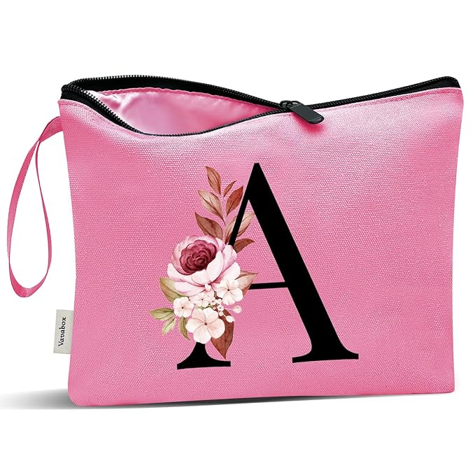 Vavabox A-Z Personalized Makeup Bag, Birthday Gifts for Women Mom, Gifts for Best Friend, Bride Bridesmaid Cosmetic bag (A, Peach)