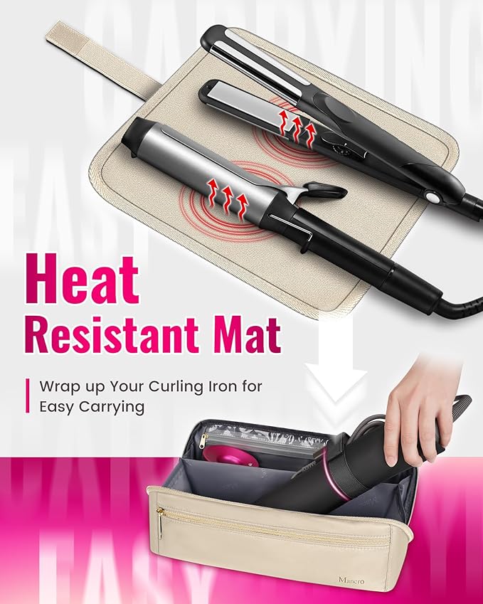 Mancro Hot Hair Tools Travel Bag with Separate Heat Resistant Mat, Large Capacity Wide-open Pouch, Hair Accessories Organizer for Flat Irons, Straighteners, Curling Iron, Grey