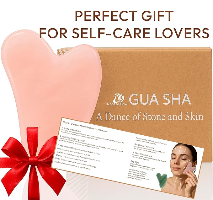 Rose Quartz Gua Sha Facial Tool Heart-Shaped Crystal for Puffiness, Lymphatic Drainage & Facial Sculpting – Hand-Carved Brazilian Stone for Face, Neck & Body