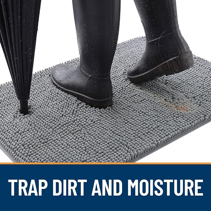 OLANLY Dog Door Mat for Muddy Paws 47x24, Absorbs Moisture and Dirt, Absorbent Non-Slip Washable Doormat, Quick Dry Chenille Mud Mat for Dogs, Entry Indoor Entryway Carpet for Inside Floor, Grey