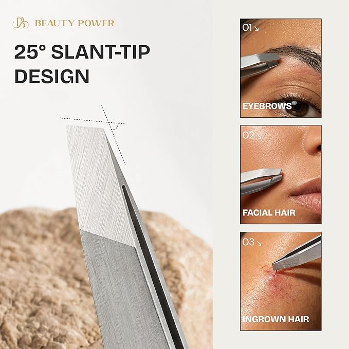 Beauty Power Ultra-Precision Professional Slant Tweezers for Women Facial Hair - German Stainless Steel, Lightweight Black Tweezers for Women & Men, Ideal for Eyebrow & Facial Grooming (Matte Gray)