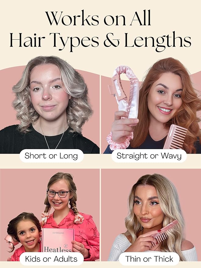 Lily England Heatless Hair Curlers to Sleep In - No Heat Curling Gift Set Includes Satin Headband, Hair Clip, Comb & 2 Scrunchies - Sleek & Smooth Overnight Curls (Peach, 6 Pack)