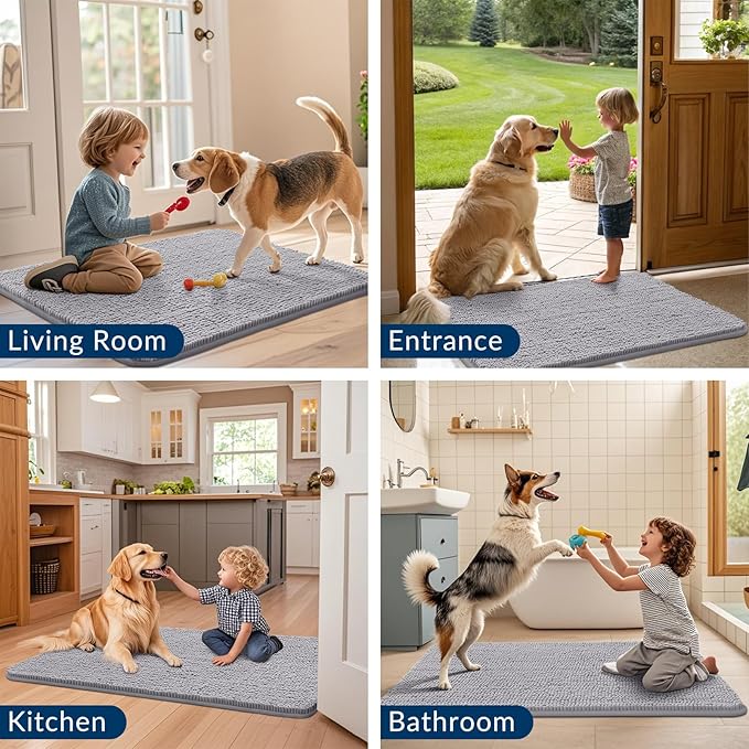 Smiry Dog Door Mat for Muddy Paws 24x16, Absorbs Moisture and Dirt Doormat, Non-Slip Washable Quick Dry Chenille Front Door Mat Indoor Entrance, Entryway Carpet for Inside Floor, Light Grey