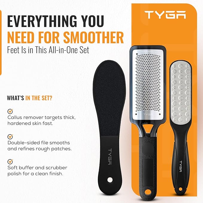 TYGA Foot Rasp Filer, Double Sided File & Scrubber Set - Callus Remover for Dead Skin Removal, Cracked Hard Skin, Coarse, Fine Scraper, Wet, Dry Spa Care, Surgical Stainless Steel, Nickel (3 Pack)