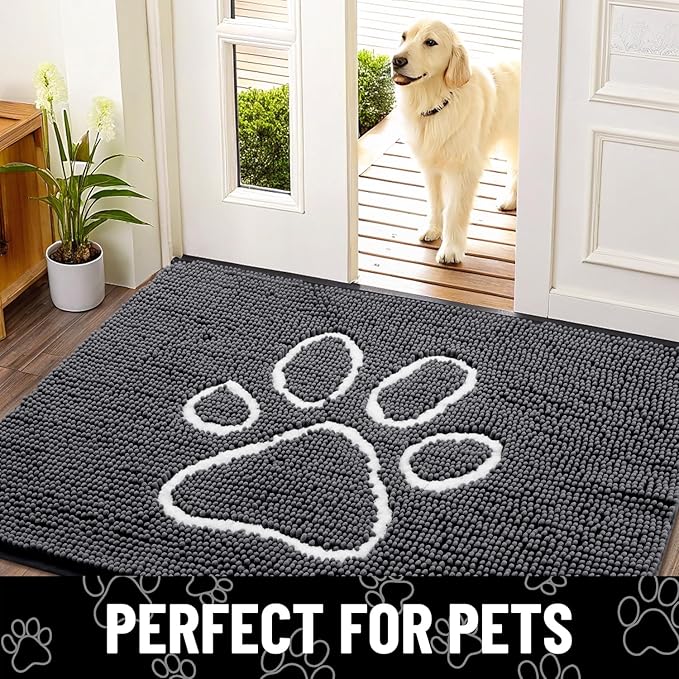 Smiry Dog Door Mat for Muddy Paws, Absorbent Dirt Trapper Non Slip Quick Dry Washable Chenille Mat for Mud Dogs, Entry Rug for Indoor and Outdoor (71x46 Inches, Dark Grey and White)