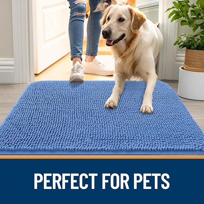 OLANLY Dog Door Mat for Muddy Paws 35x24, Absorbs Moisture and Dirt, Absorbent Non-Slip Washable Doormat, Quick Dry Chenille Mud Mat, Entry Indoor Entryway Carpet for Inside Floor, Cornflower Blue