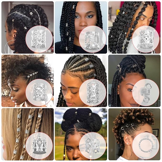 Lucomb 220 Pcs Silver Hair Jewelry for Braids, Loc Jewelry for Hairs Dreadlock, Hairs Charms for Women, Metal Braid Rings Cuffs Clips for Dreadlock Accessories Hair Braids Accessories Decorations