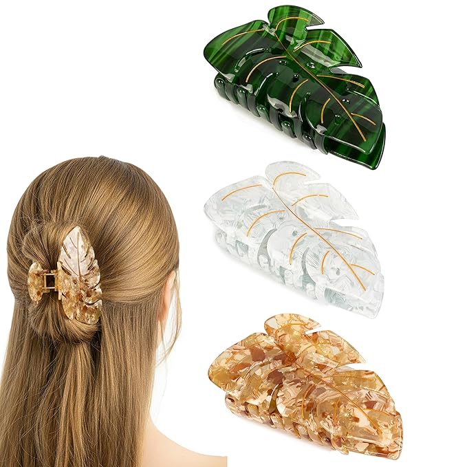 Hair Clips for Women,3.5 Inch Leaf Acetate Strong Hold Hair Claw Clip,Unique Cute Stylish Hair Accessories Winter Decor New Year Birthday Gift for Girls Wife Mother Family Thick Thin Hair(3 PCS)