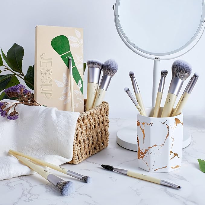 Jessup Vegan Makeup Brushes Set Premium Synthetic Powder Foundation Highlight Concealer Eyeshadow Blending Eyebrow Liner Spoolie Brush Set Burlywood 12pcs T327