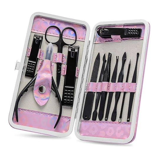 ANRUI Manicure Kit Nail Clippers Set Pedicure Kit, 12 Pieces Professional Grooming Kit, Stainless Steel Nail Care Kit for Women and Men with Luxurious Travel Case -Black