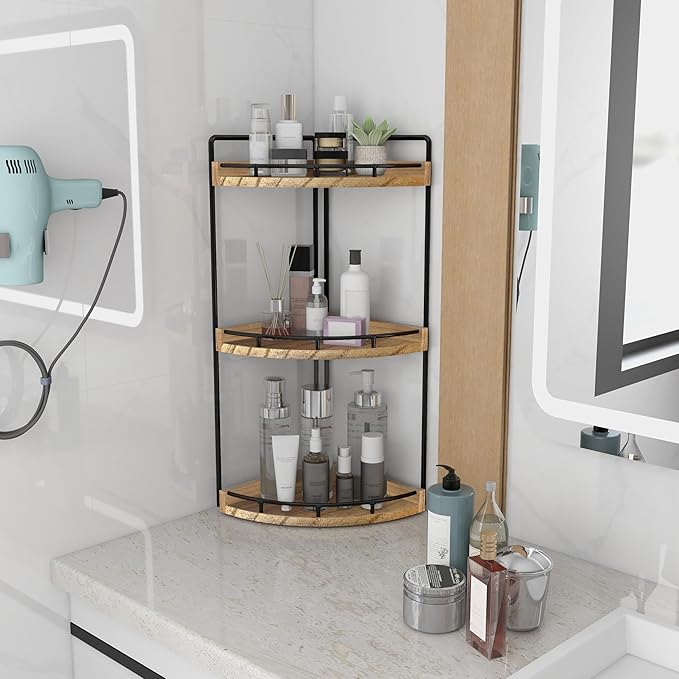 Dorhors 3-Tier Corner Bathroom Organizer Countertop for Storage,Vanity Tray,Wood Counter Organizer for Kitchen,Bathroom,Dresser (Rustic Brown)