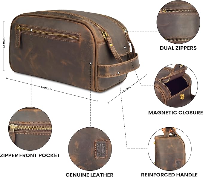 LEATHER VILLAGE Genuine Leather Toiletry Travel Pouch With Waterproof Lining - Brown | King-Size Handcrafted Vintage Dopp Kit Bag, Shaving & Bathroom Organizer, Gift for Men & Women