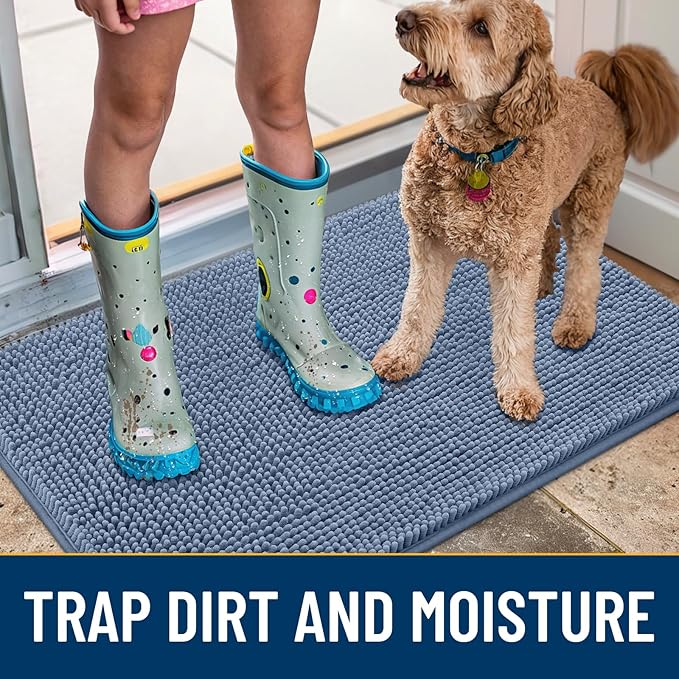 Smiry Dog Door Mat for Muddy Paws 59x35, Absorbs Moisture and Dirt Doormat, Non-Slip Washable Quick Dry Chenille Front Door Mat Indoor Entrance, Entryway Carpet for Inside Floor, Airy Blue