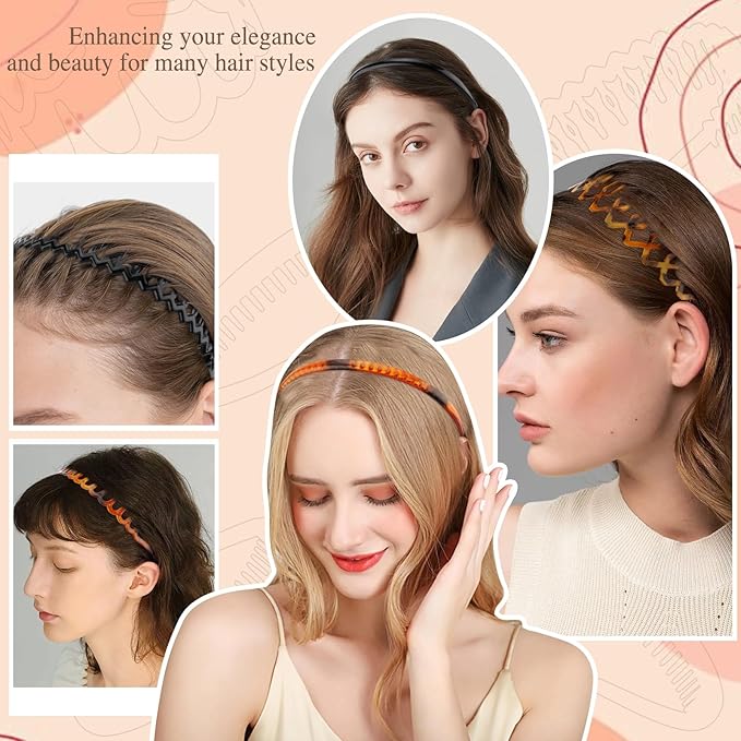 12Pcs Zigzag Headbands with Teeth for Women's Hair Non Slip, Plastic Wavy Skinny Head Bands Comb Fashion Hair Accessories–6 Styles & 2 Colors, Versatile Use