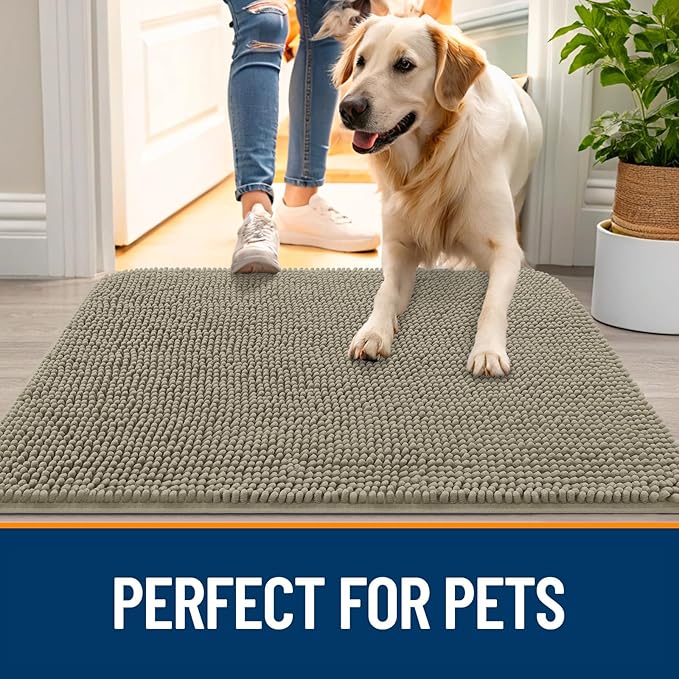 OLANLY Dog Door Mat for Muddy Paws 48x30, Absorbs Moisture and Dirt, Absorbent Non-Slip Washable Doormat, Quick Dry Chenille Mud Mat, Entry Indoor Entryway Carpet for Inside Floor, Warm Taupe