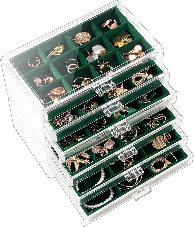 Lolalet Earring Holder Organizer Box Jewelry Storage with 6 Drawers, Clear Acrylic Stackable Earring Case with Adjustable Velvet Trays for Women on Dresser Vanity -Emerald, 6 Layers