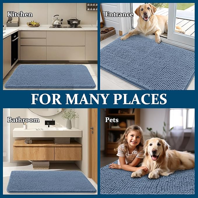 OLANLY Dog Door Mat for Muddy Paws 30x17, Absorbs Moisture and Dirt, Absorbent Non-Slip Washable Doormat, Quick Dry Chenille Mud Mat for Dogs, Entry Indoor Entryway Carpet for Inside Floor, Airy Blue