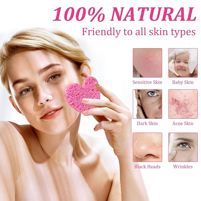 60-Count Kickleen Compressed Cellulose Heart Shape Facial Sponges | 100% Natural Cosmetic Spa Sponges for Facial Cleansing | Exfoliating | Makeup and Mask Removal | Reusable |Skin Massage (Pink)