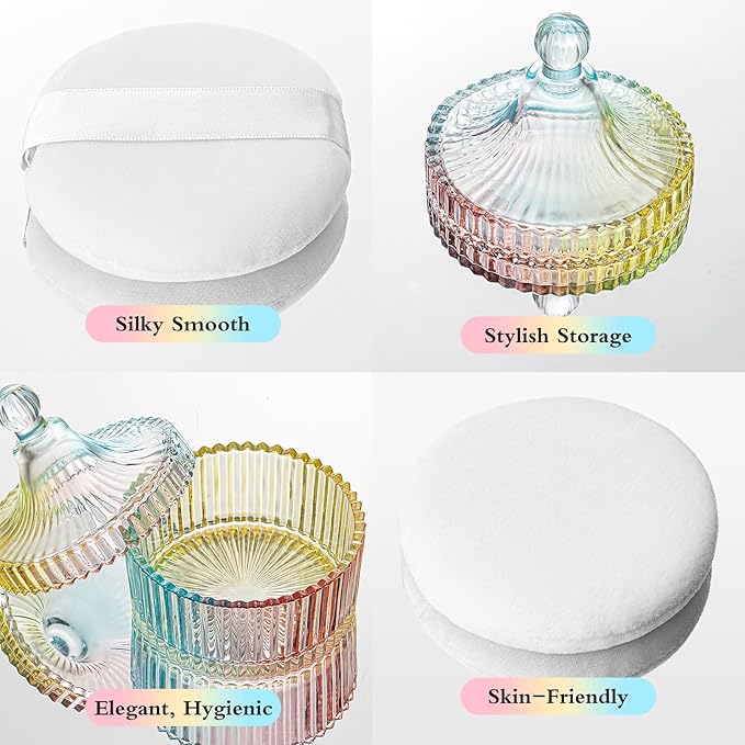 2 Piece Dusting Powder Container with Puff - Large Body Powder Puff and Container, Crystal Glass Powder Container with Puff Soft Velour Washable Reusable Face & Body Use (Colorful)