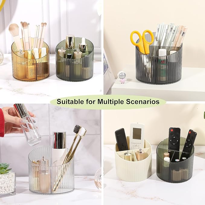 DASITON 3 Slots Makeup Brush Holder, Acrylic Makeup Brush Cup, Vintage Striped Make Up Brush Holder for Vanity Decor, Bathroom Countertops, Desk Storage Container, Cosmetic Display Cases (Black)