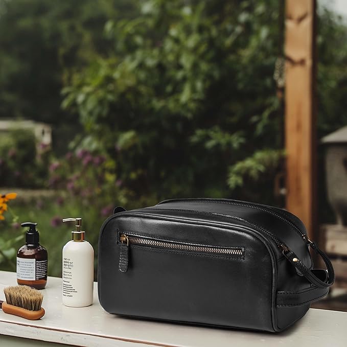 LEATHER VILLAGE Genuine Leather Toiletry Travel Pouch With Waterproof Lining - Black | King-Size Handcrafted Vintage Dopp Kit Bag, Shaving & Bathroom Organizer, Gift for Men & Women